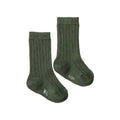 Pair of green cotton rib socks with 'Nb' printed on foot on a white background