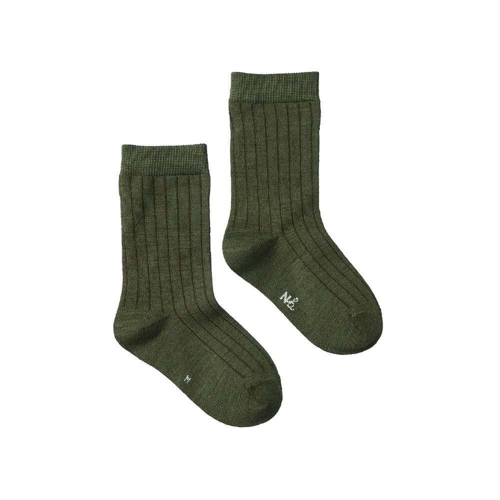 Pair of merino wool ribbed forest green socks on a white background