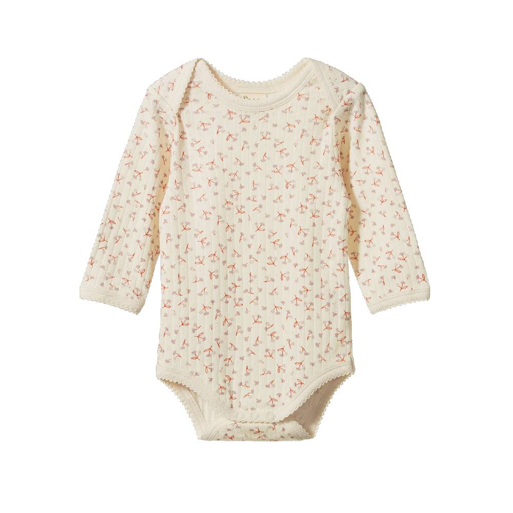 A long-sleeve baby bodysuit in cream-colored ribbed fabric with a small, all-over floral pattern shown against a plain white background.