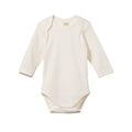 White cotton pointelle baby longsleeve bodysuit on a white background