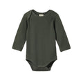 Dark green pointelle cotton longsleeve baby bodysuit on a white background