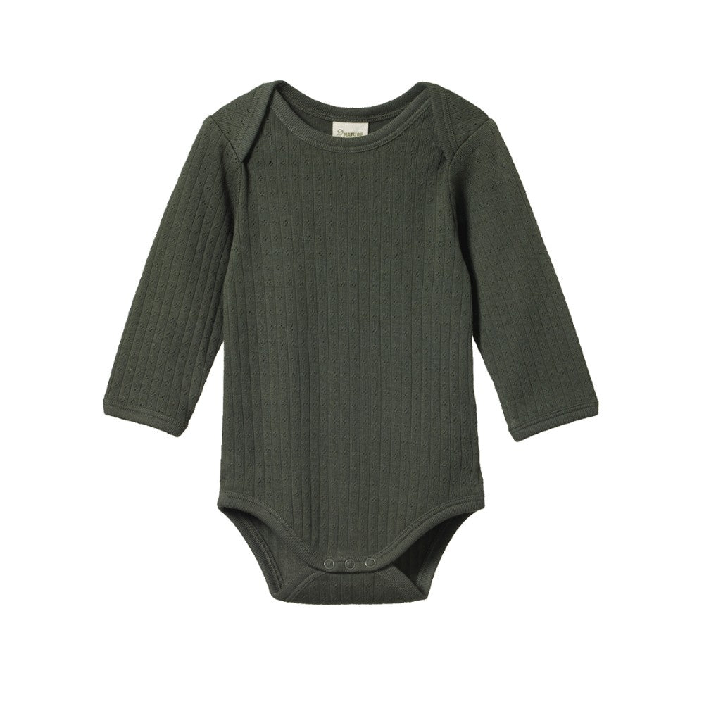 Dark green pointelle cotton longsleeve baby bodysuit on a white background