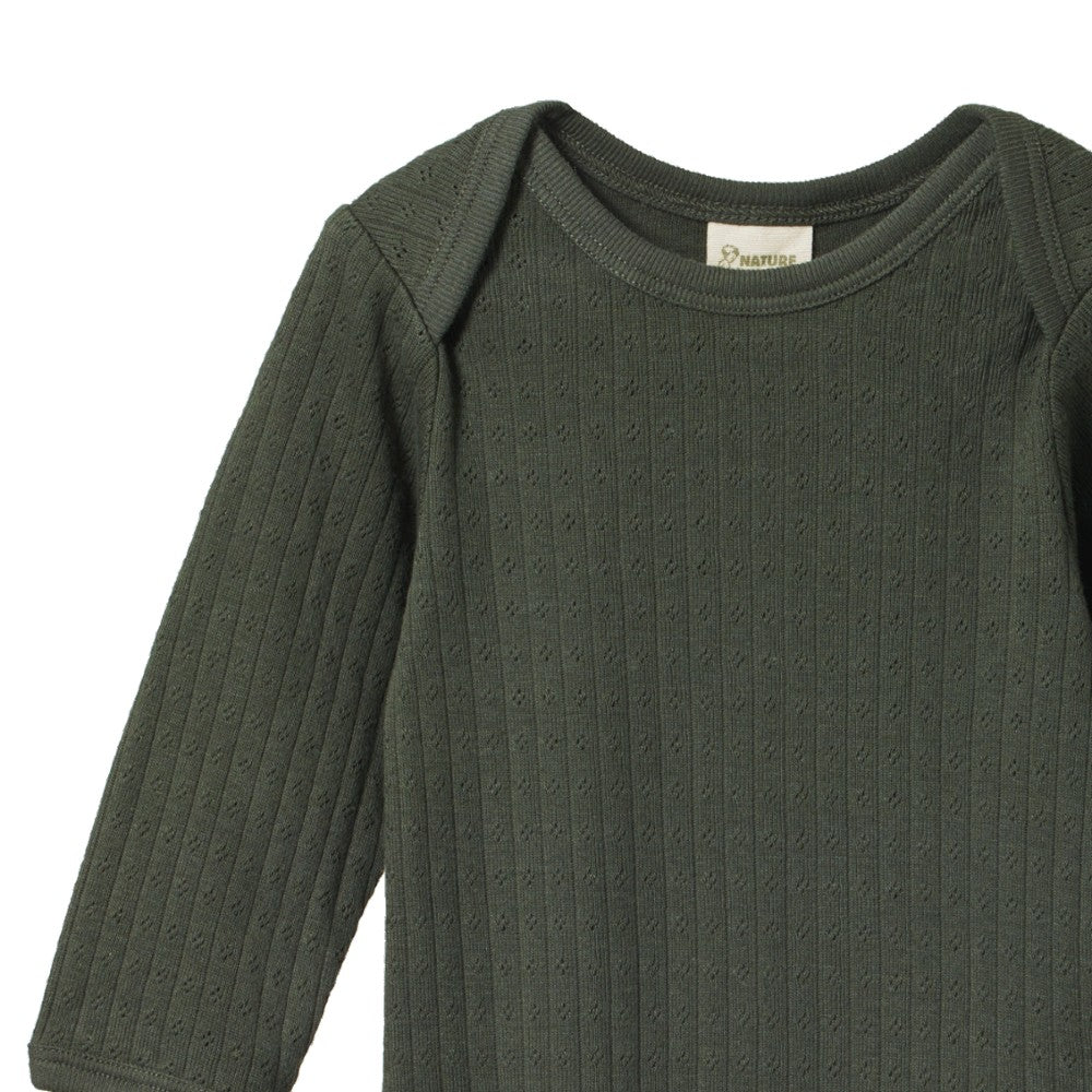 Green ribbed pointelle cotton bodysuit on a white background
