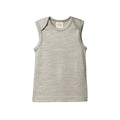Grey sleeveless merino singlet with envelope neckline on a white background