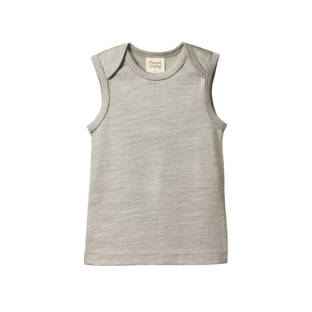 Grey sleeveless merino singlet with envelope neckline on a white background