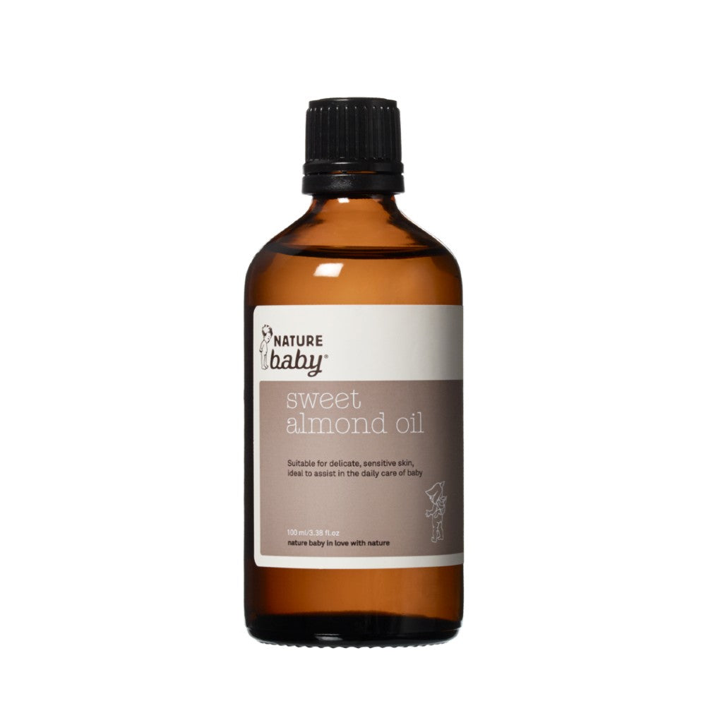 Brown Bottle of Nature Baby sweet almond oil with brown and white sticker on a white background