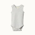 Grey and white striped baby sleeveless bodysuit on a white background