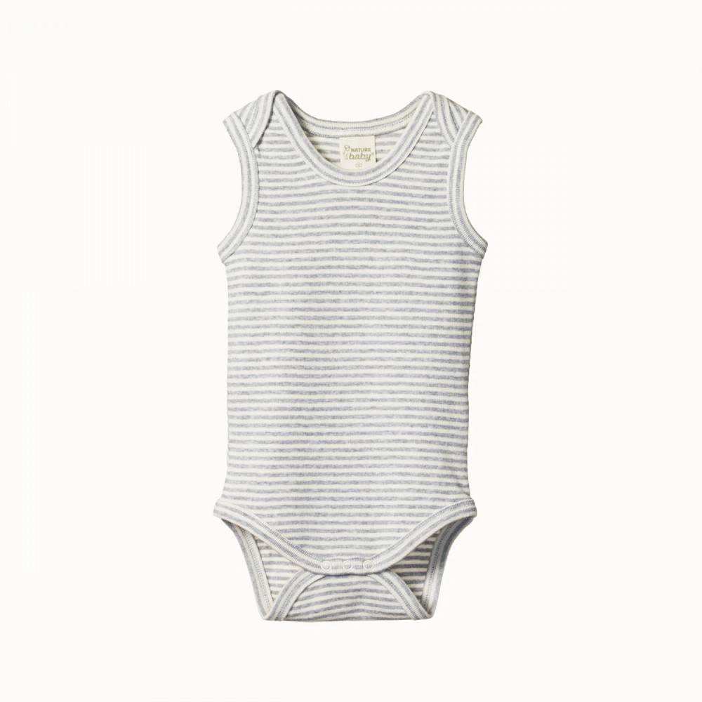 Grey and white striped baby sleeveless bodysuit on a white background