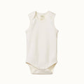 White jersey cotton sleeveless baby bodysuit on a white background