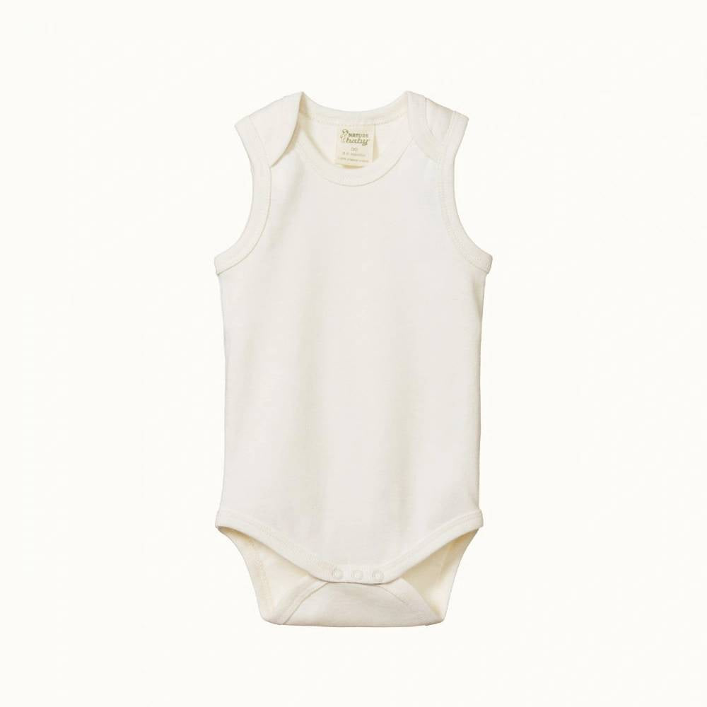 White jersey cotton sleeveless baby bodysuit on a white background