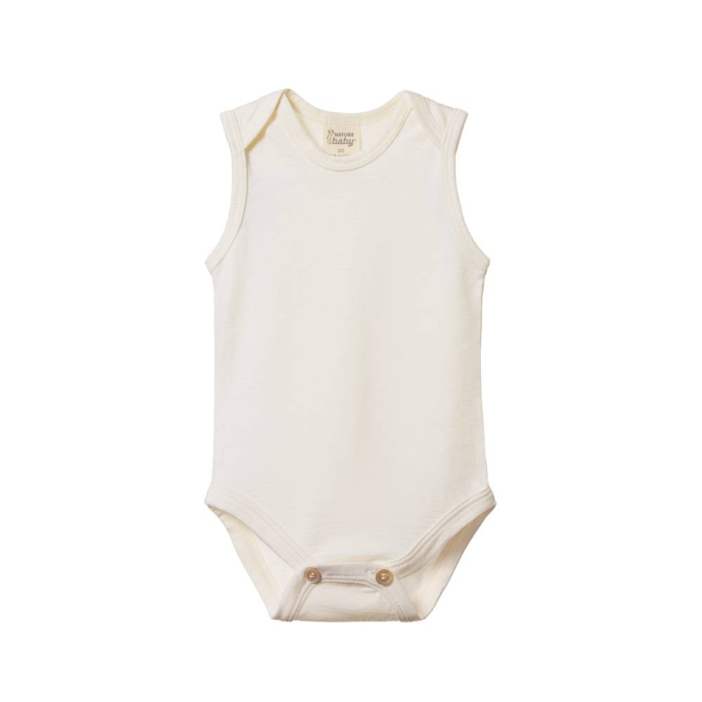 White merino wool singlet baby bodysuit on a white background