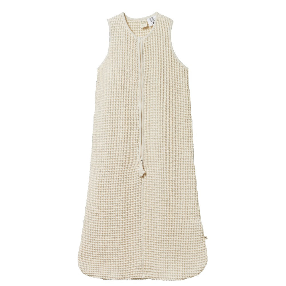 Beige waffle texture cotton sleeveless baby sleeping bag on a white background