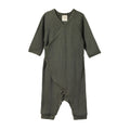 Forest Green baby kimono pointelle stretch and grow suit on a white background