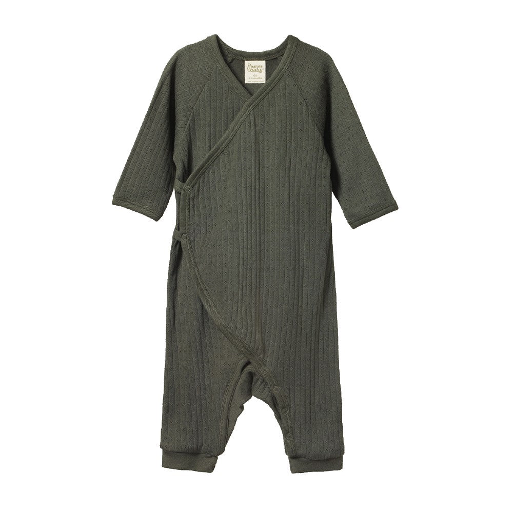 Forest Green baby kimono pointelle stretch and grow suit on a white background