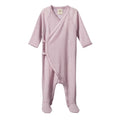 Purple merino pointelle kimono style baby stretch and grow on a white background