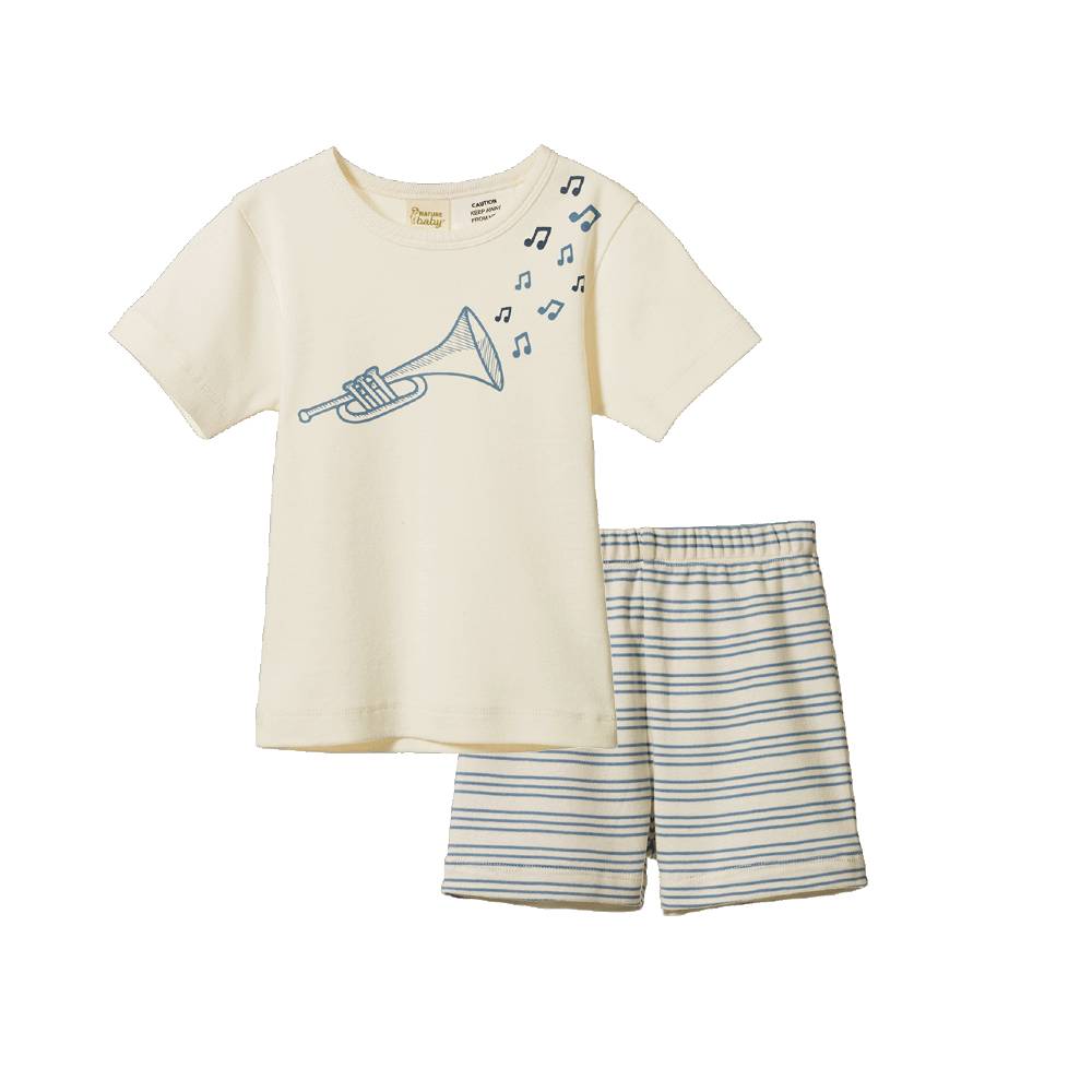 A children's two-piece clothing set featuring a cream-colored short-sleeve t-shirt with a blue trumpet graphic and musical notes, paired with matching cream and blue striped shorts.