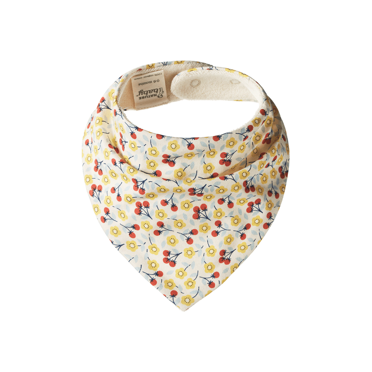 A baby bandana bib with a yellow and red floral pattern on a cream background, on a white background. 