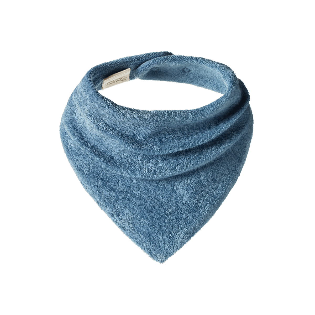 A dusty blue terry bandana-style bib on a white background.