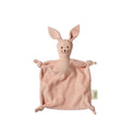 A soft pink bunny security blanket with long ears, embroidered facial features, and a small fabric tag on the lower right, shown on a plain white background.
