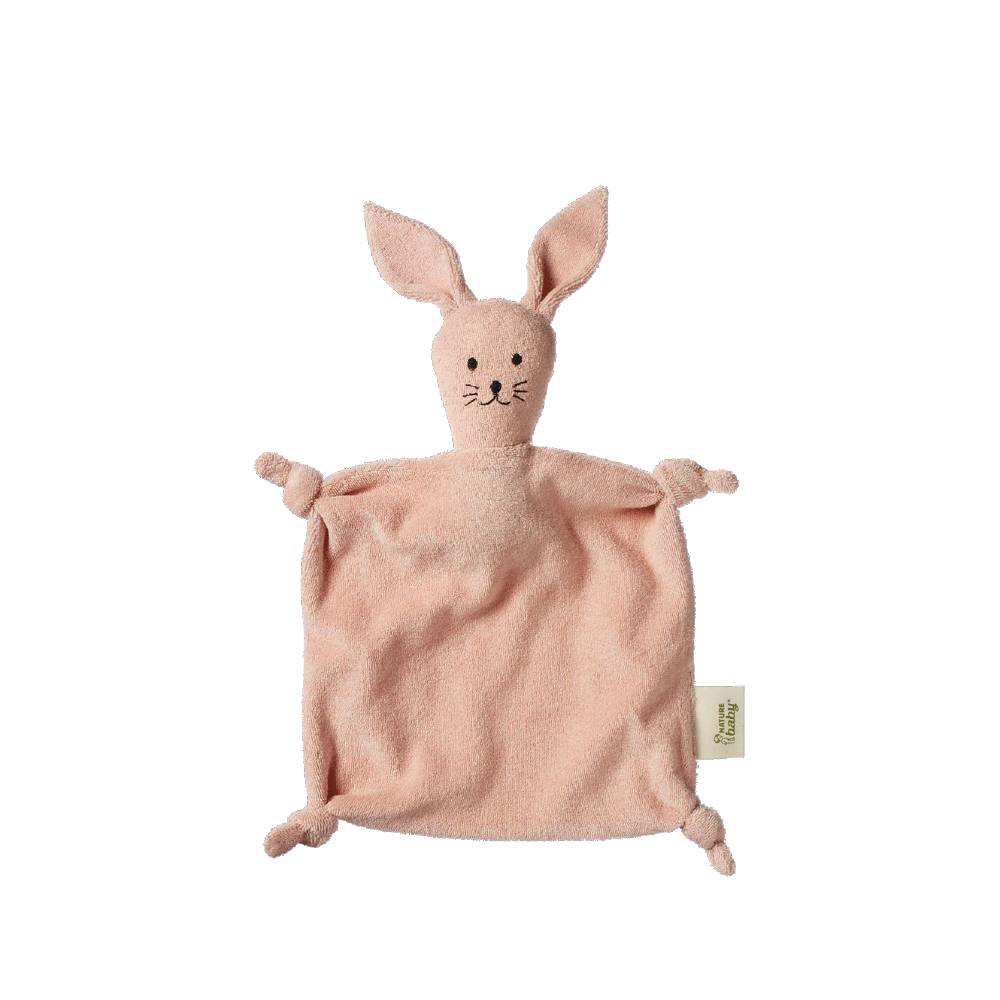 A soft pink bunny security blanket with long ears, embroidered facial features, and a small fabric tag on the lower right, shown on a plain white background.