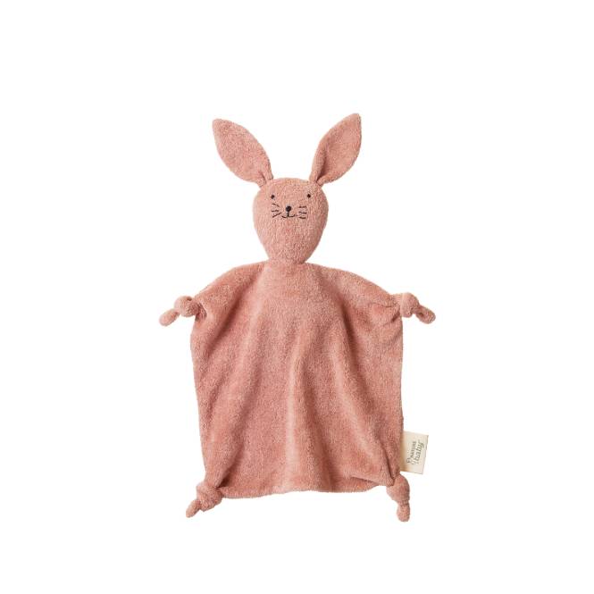 Nature baby Pink rabbit-shaped terry cotton comfort blanket on a white background