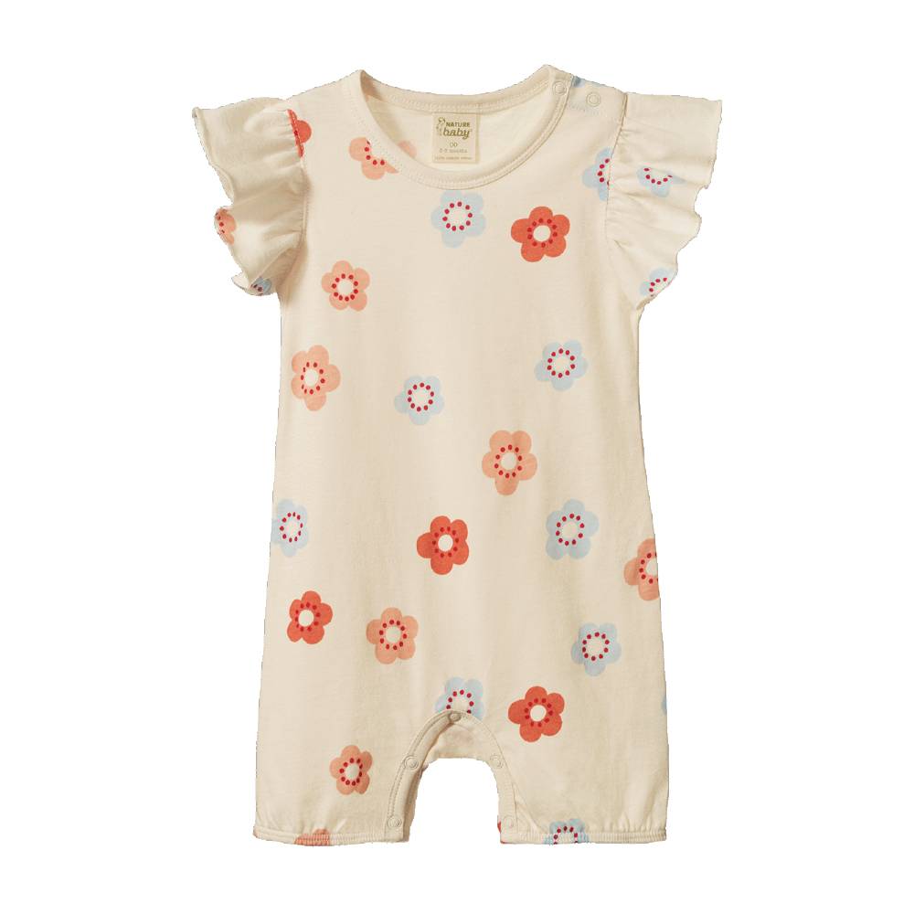 A cream-colored baby onesie with ruffled sleeves and an allover floral print in coral, peach, and light blue, shown against a plain white background.