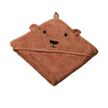 Brown bear-shaped terry cotton hooded towel on a white background
