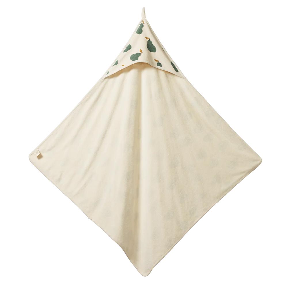 Cream cotton hooded baby towel with green pear pattern on the hood on a white background