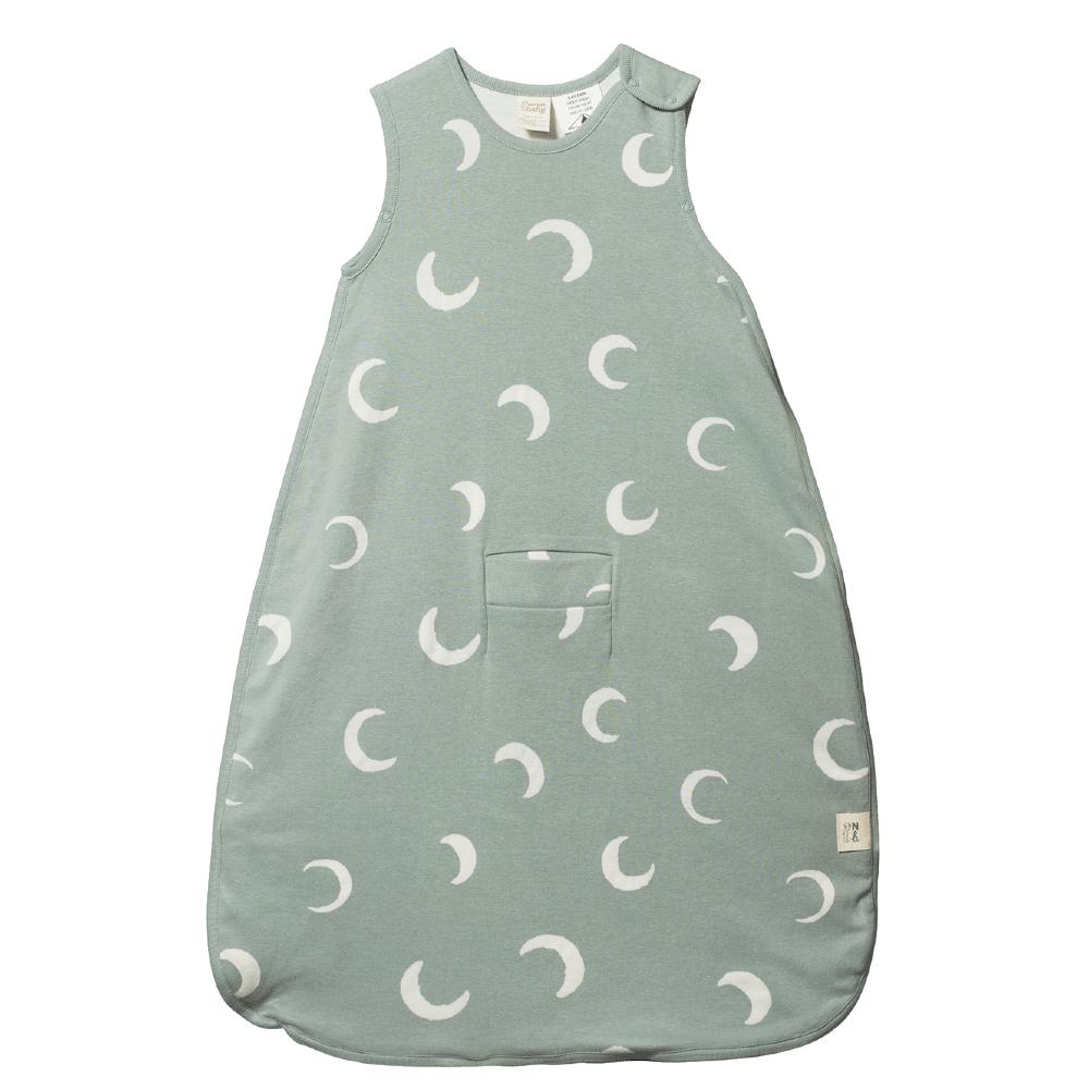 Sage Green merino cotton baby sleeping bag with moon pattern on a white background
