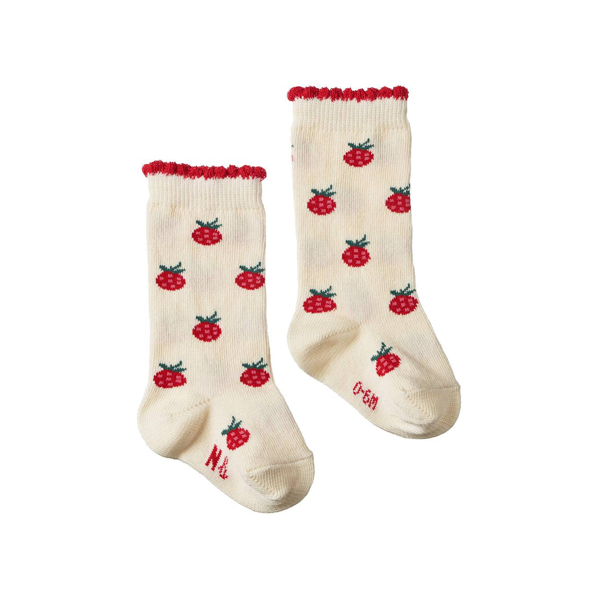 Pair of cream cotton socks with red berry pattern and red frill trim on a white background