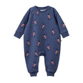 Navy blue baby crew neck romper with red and white dog pattern on a white background