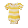 A baby short-sleeve bodysuit with horizontal yellow and cream stripes, featuring a ribbed crew neck, short sleeves, and leg openings, shown on a plain white background.