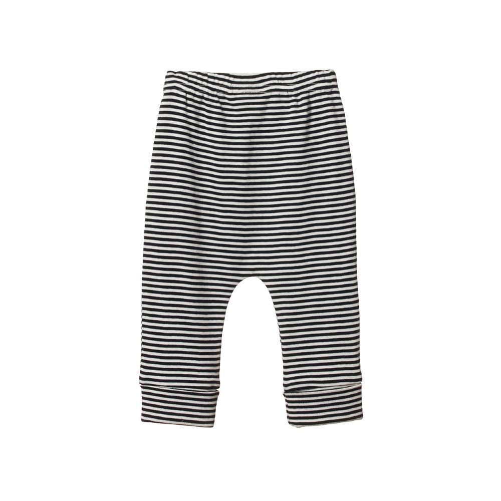 Navy striped nature baby cotton baby pants with a drawstring on a white background
