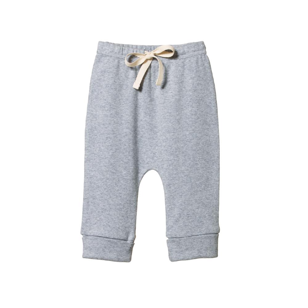 Grey nature baby cotton baby pants with a drawstring on a white background