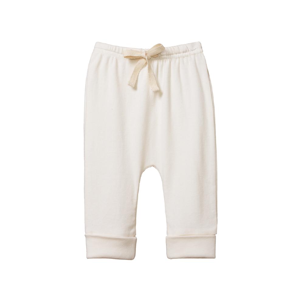 Cream coloured nature baby cotton baby pants with a drawstring on a white background