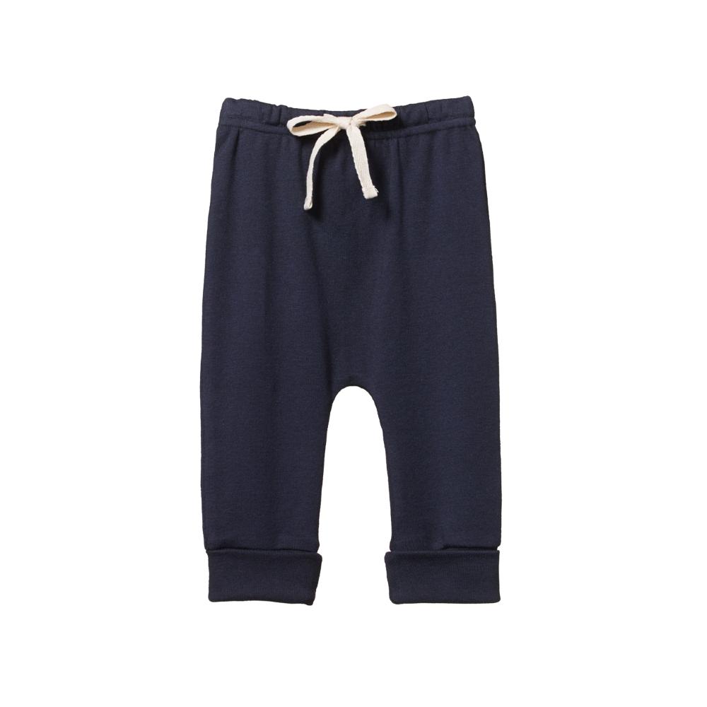 Navy nature baby cotton baby pants with a drawstring on a white background