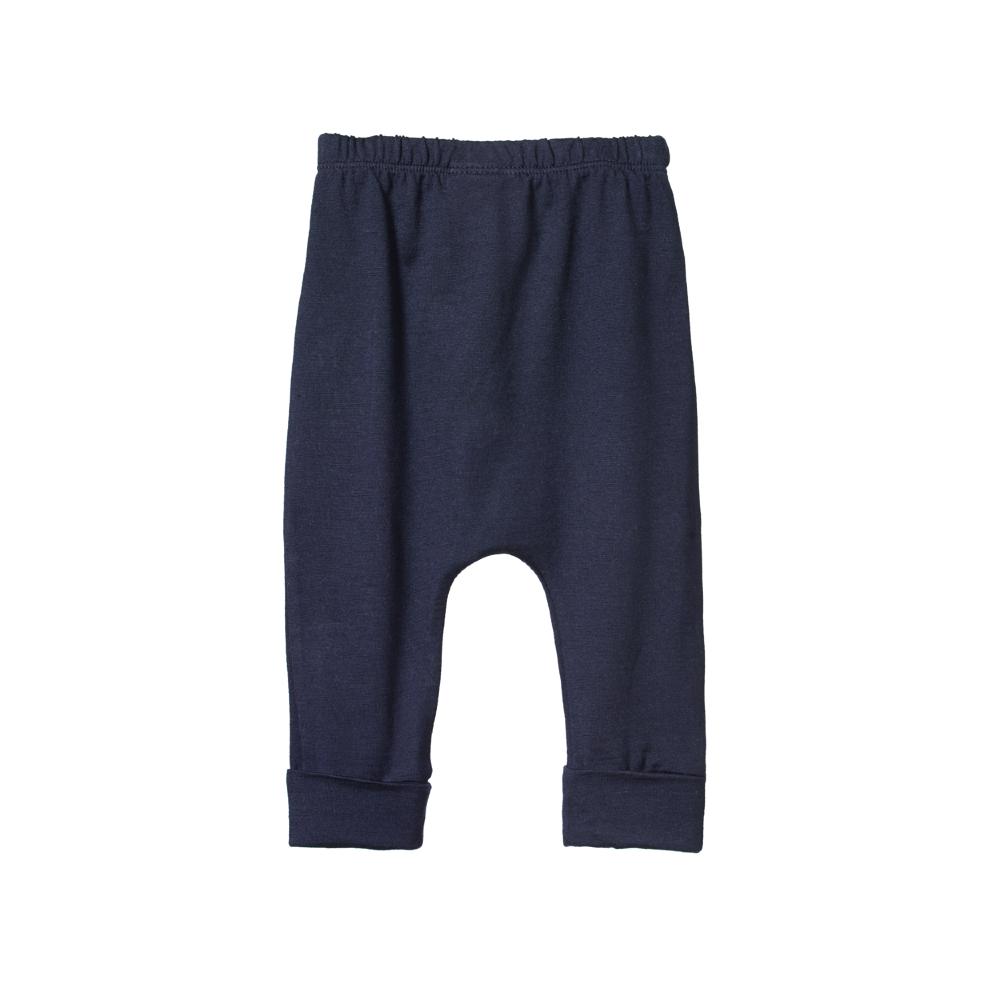 Navy nature baby cotton baby pants with a drawstring on a white background
