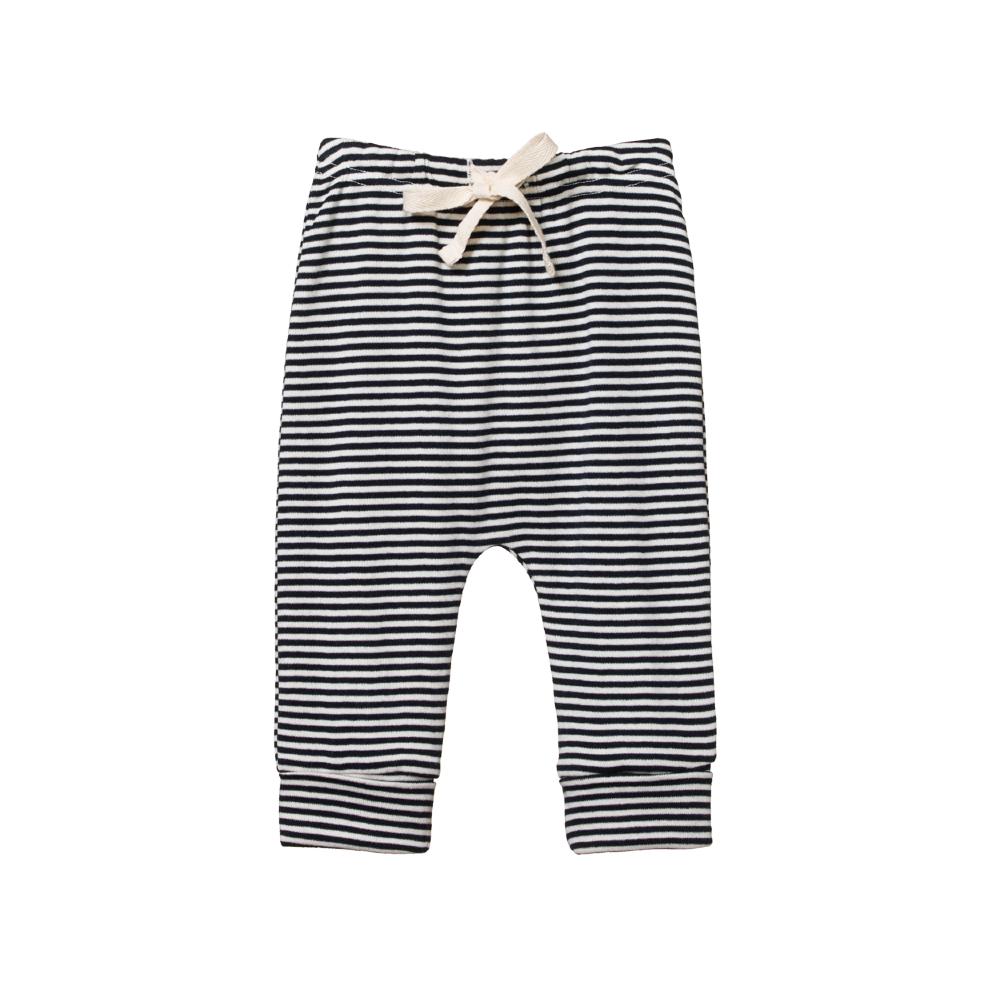 Navy and white striped nature baby cotton baby pants with a drawstring on a white background