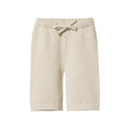 Beige baby knitted pants with a drawstring on a white background