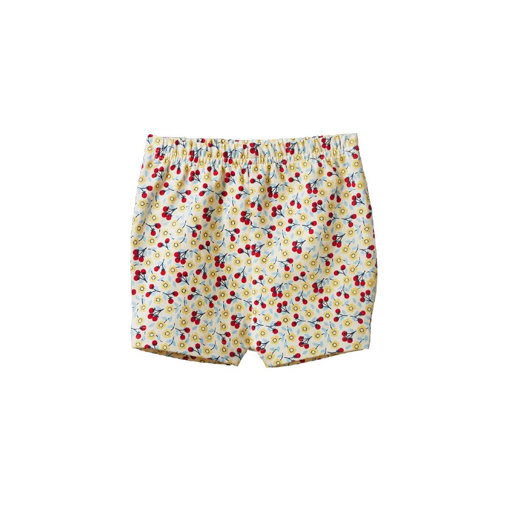 A pair of children's shorts with an elastic waistband, featuring a dense floral print on a pale background.