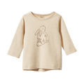Beige long-sleeve shirt with a brown line rabbit design on a white background
