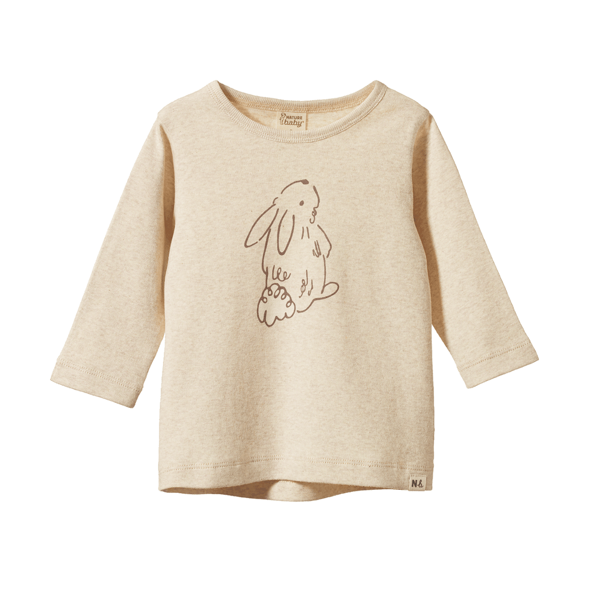 Beige long-sleeve shirt with a brown line rabbit design on a white background