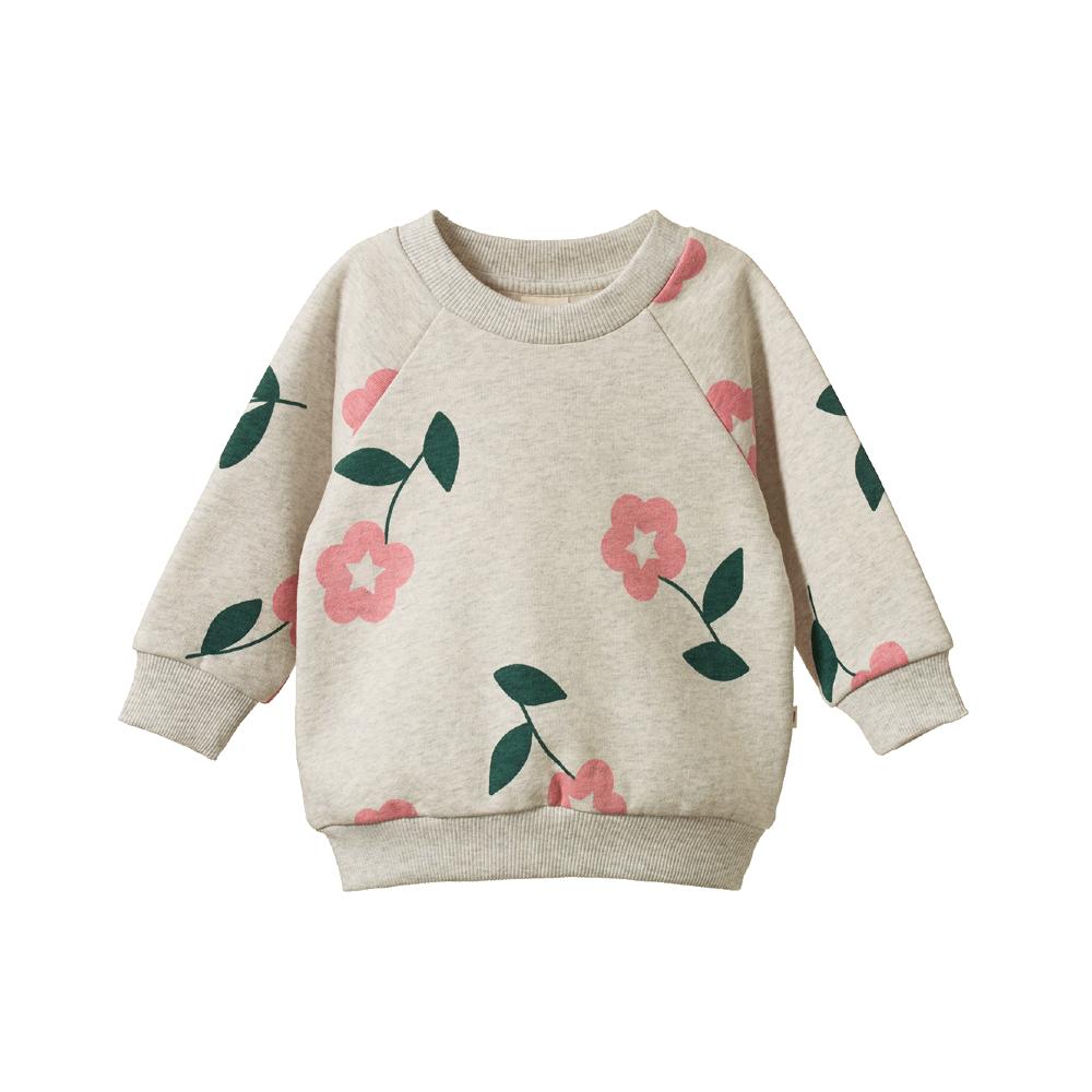 Beige marl coloured children's crew neck sweater with floral pattern on a white background