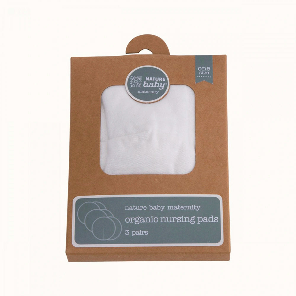 Brown packaging of nature baby organic nursing pads with a clear window showing the product.