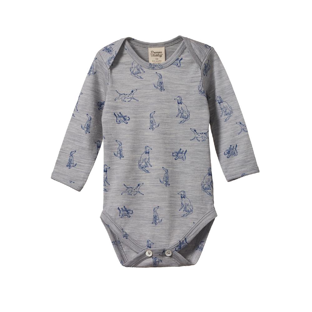 Grey merino baby bodysuit with long sleeves and envelope neck with blue dog line pattern on a white background