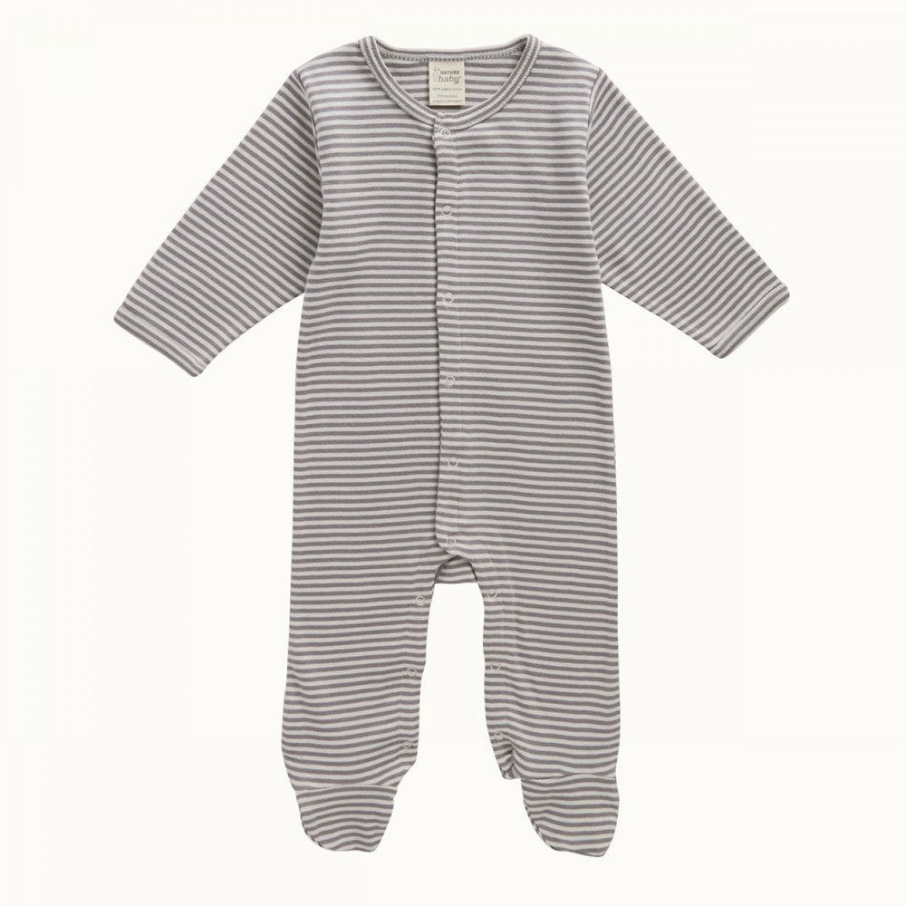 Grey and white striped footed baby onesie with snap domes on a white background