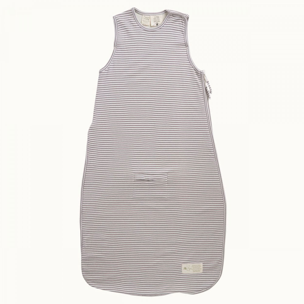 Grey and white Striped cotton merino  baby sleeping bag on a white background