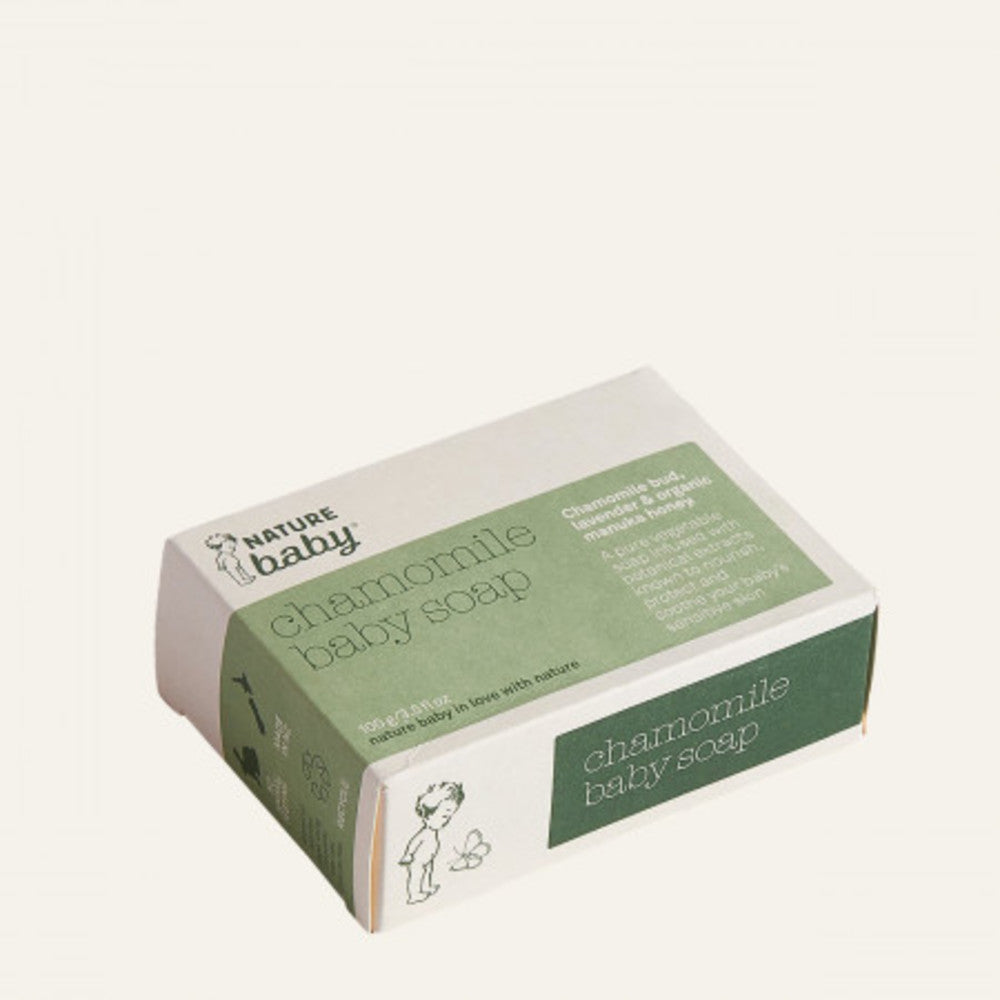 Green box of Nature Baby chamomile, lavender and honey baby soap on a white background