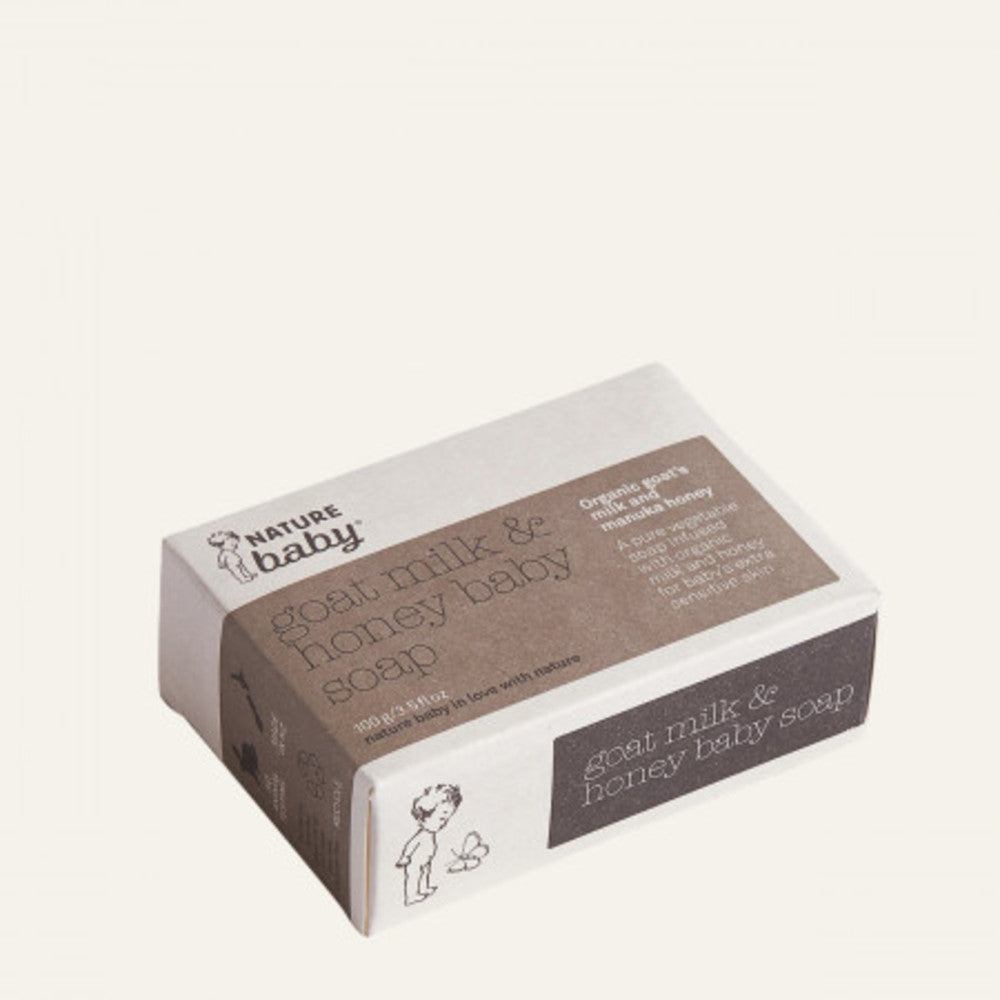 Brown and white Box of goat milk and honey baby soap by Nature Baby on a white background