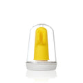 Yellow Baby Frida toothbrush against white background.